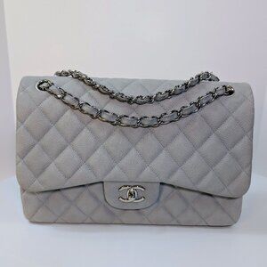 Chanel Classic Jumbo Light Gray Blue Quilted Caviar Double Flap Bag
